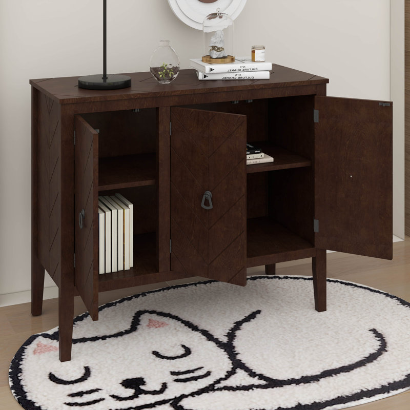 Buffet de rangement réglable avec 3 poignées rétro en métal et 4 pieds en pin, Brun