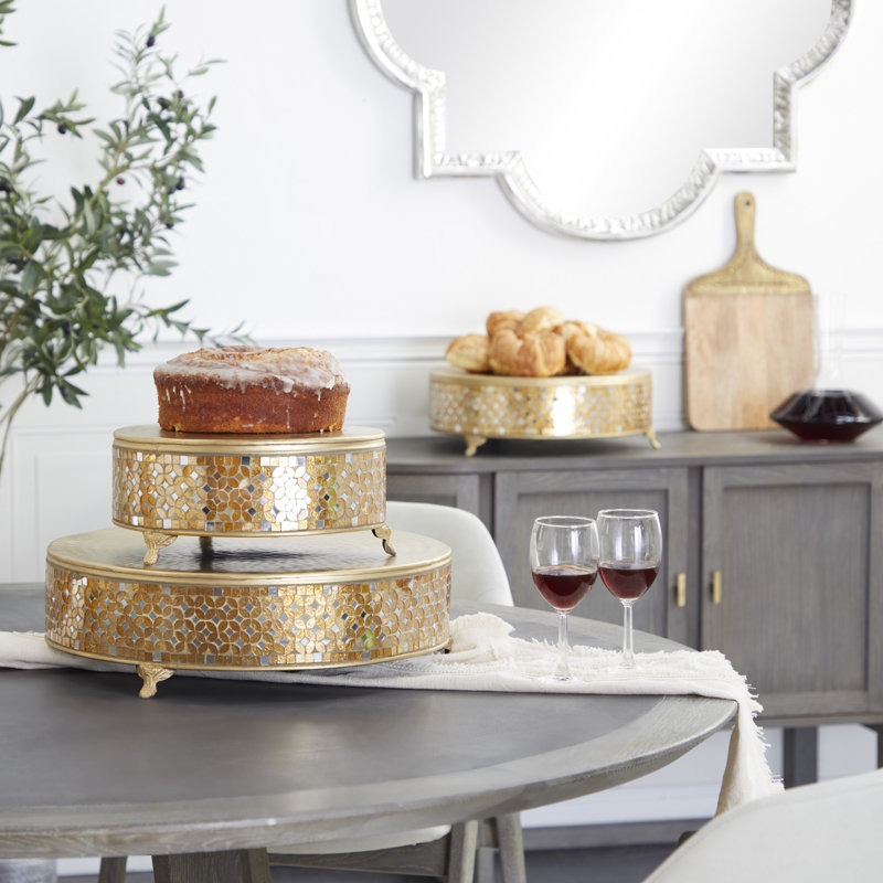 Gold Mosaic Patterned Glass and Metal Cake Stand Set of 3