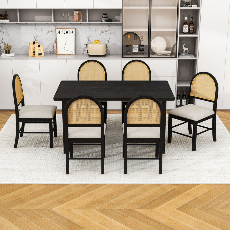 Ensemble de salle à manger de ferme 7 pièces avec plateau en chêne vieilli et chaises à dossier en rotin, Espresso