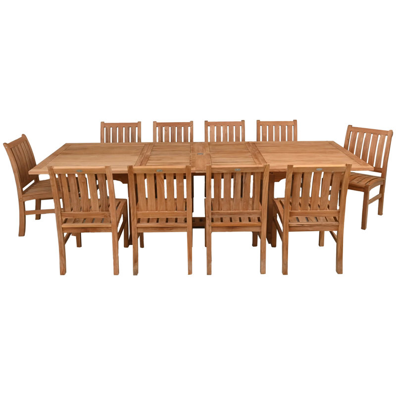 Ensemble de salle à manger d'extérieur en bois de teck 11 pièces 11 pièces avec table à rallonge rectangulaire double et 10 chaises d'appoint Abaco