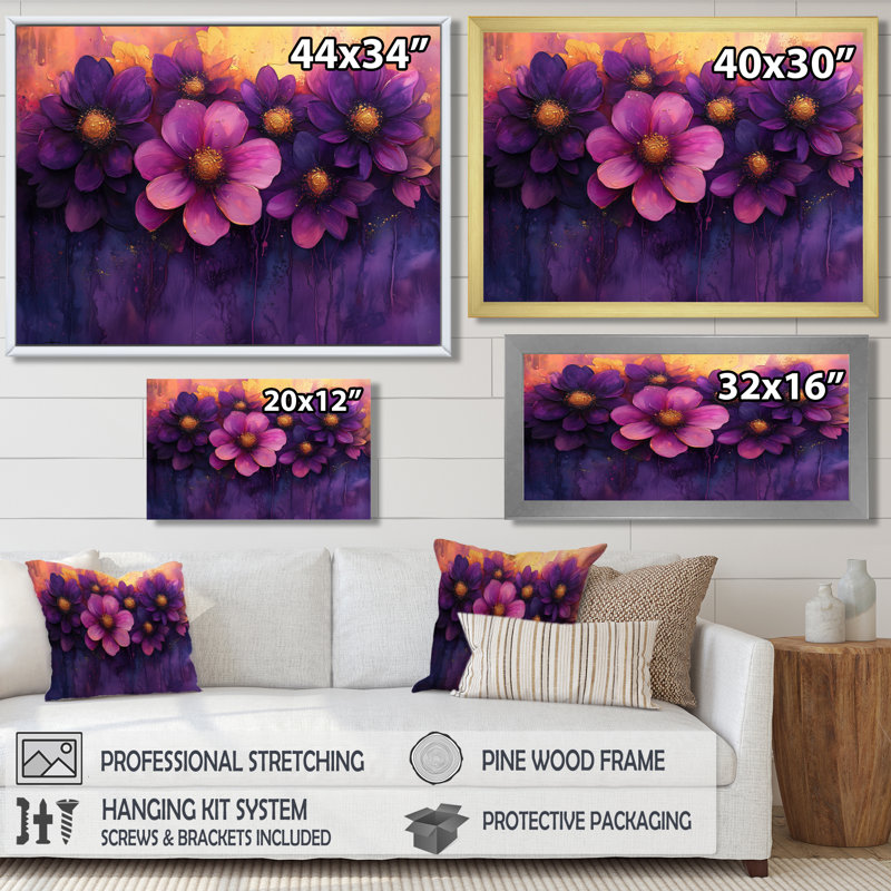 «Jacah Vivid Lavender Dahlia Dreamscape I», art mural grand Dahlia, Impression encadrée flottante, H 16 po x l 32 po