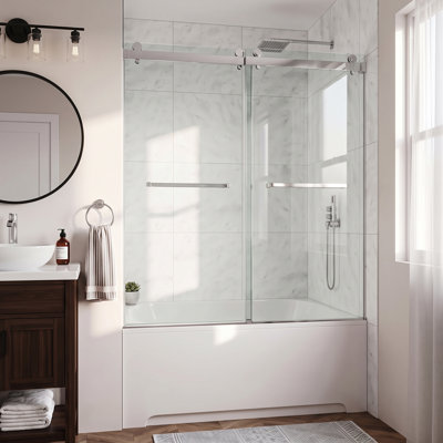 Porte de douche/baignoire coulissante double sans cadre, 173-185 cm L x 168 cm H, en pellicule incassable avec verre trempé de 10 mm (3/8 po) et roulettes silencieuses