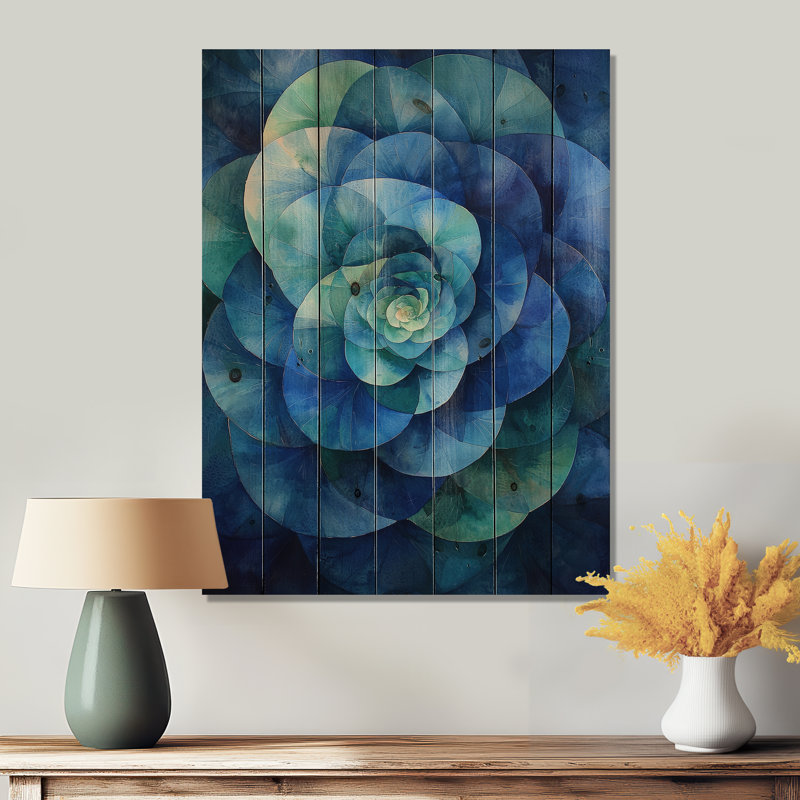 Hortensia bleu et vert Vortex III - art mural bois d'hortensia - sur bois de pin naturel, H 20 po x l 10 po x P 0,78 po