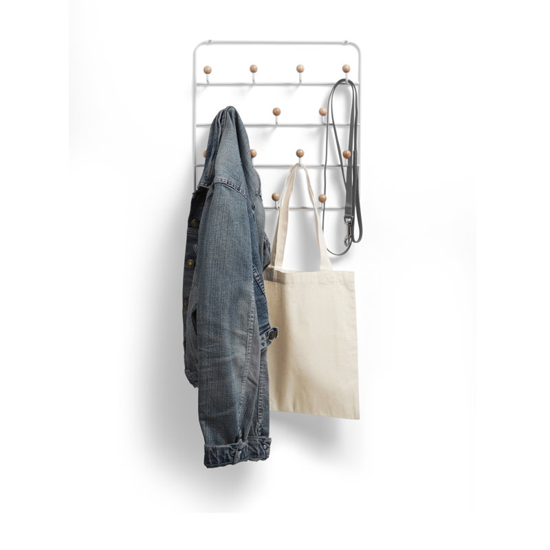 White Steel Wall Organizer with Wooden Knob Hooks