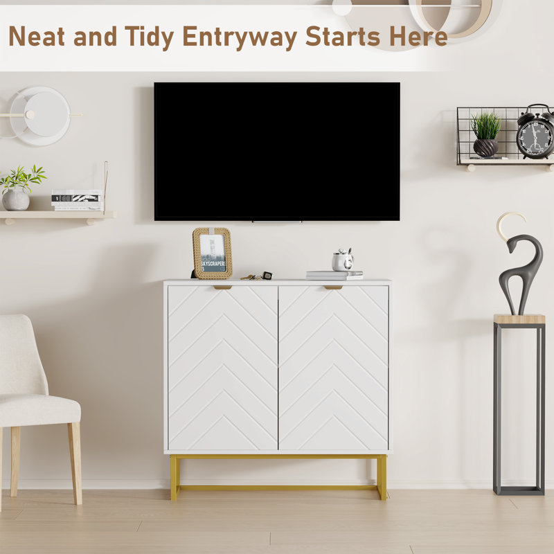 Buffet Modern avec portes à chevrons et console, Blanc