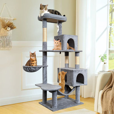Arbre à chat de 149 cm (58,66 po) pour chats d'intérieur, tour à chat à plusieurs niveaux avec 2 niches, perchoir supérieur, hamac et poteaux à griffer