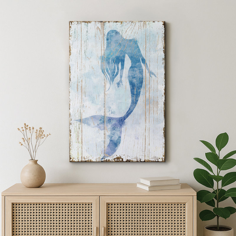 Sirène «sirène bleue sur panneau de bois effet d'art, photos de salle de bain de plage côtière nautique, grande impression sur toile encadrée,»