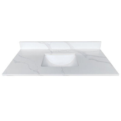 Dessus de meuble-lavabo en quartz 43 po, lavabo simple encastré au centre, 4 dosserets hauts, 3 trous de robinet pré-percés, antitache, modernisation moderne luxueuse pour la salle de bain, chaleur du bol et,