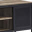 Console rustique en chêne avec pieds et compartiments en métal pour support électronique