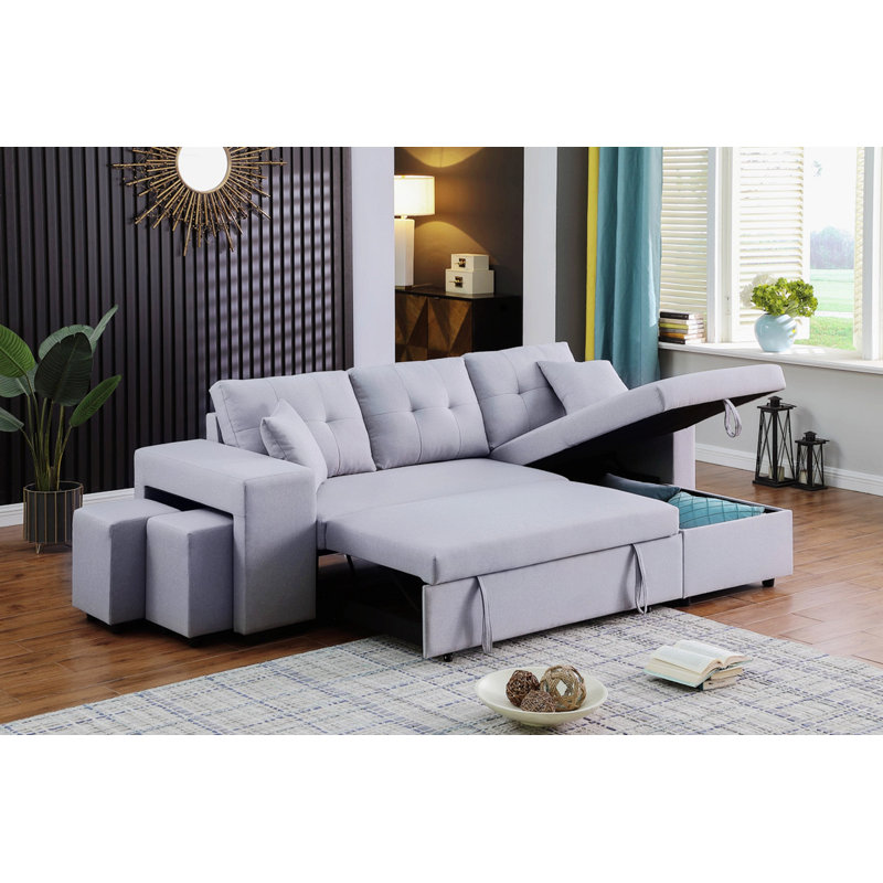 Canapé-lit modulaire réversible avec 2 tabourets Palice Renaissance Revival, Orienté à droite, 100 % lin gris clair