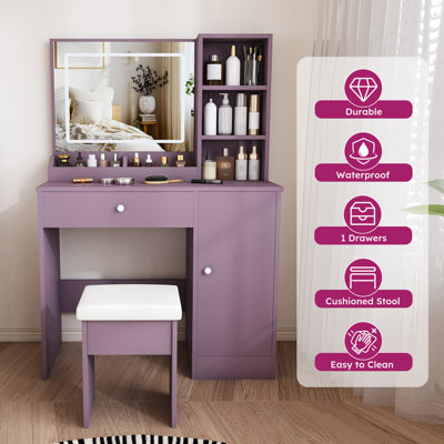 Stylish Vanity Desk Set with Padded Stool & Adjustable LED Lighted Mirror (3 Color Modes), Modern Bedroom Makeup Vanity Desk Combo, Purple