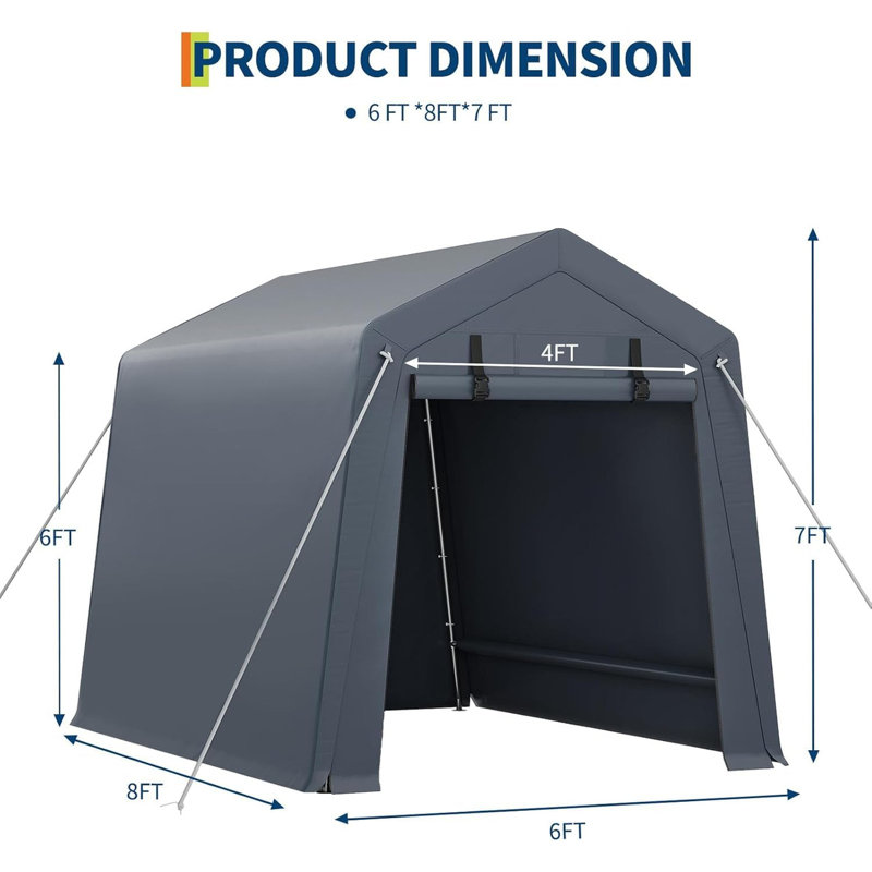 6 x 8 ft Portable Storage Shed with Roll-Up Door, Grey Steel Frame Garage Tent for Motorcycle, ATV, Bicycle & Garden Tools