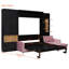 Grand lit escamotable avec grand canapé, tablettes et armoires de rangement, double éclairage, lit mural moderne, canapé noir et rose-524298690