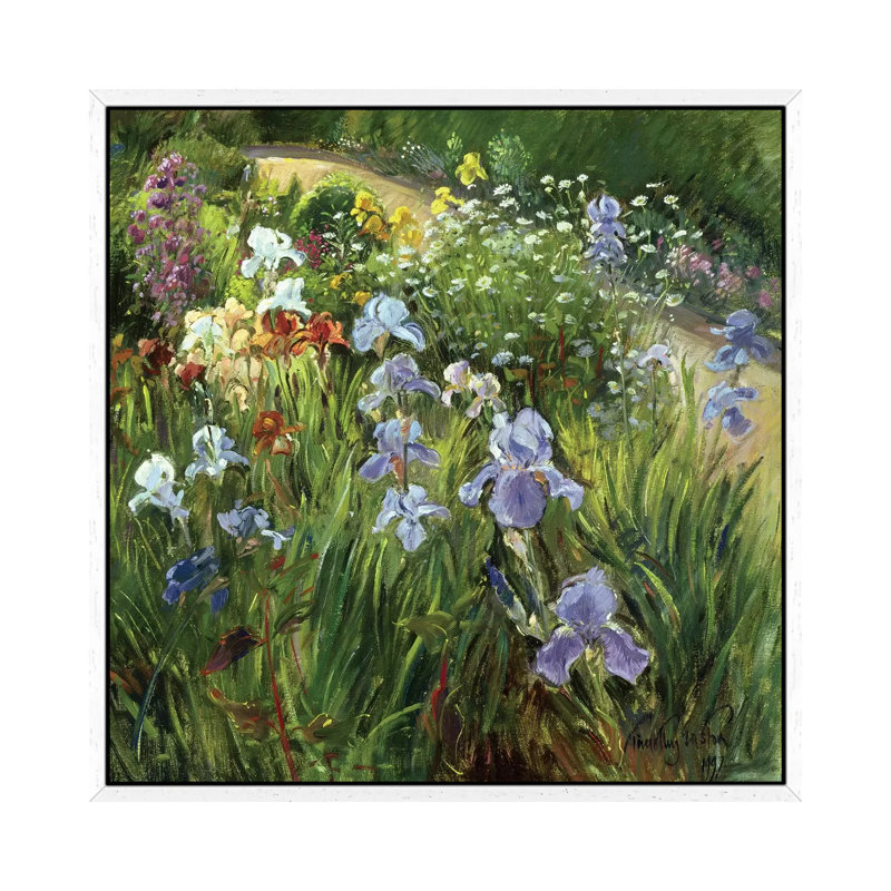 Irises And Oxeye Daisies by Timothy Easton - Painting on Canvas, 66.04 cm H x 66.04 cm W, White Framed Canvas