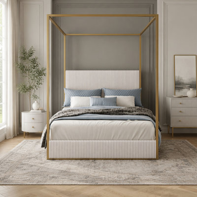 Modern Luxury Metal Canopy Bed with Tall Corduroy Upholstered Headboard and Four Poster, No Box Spring Needed