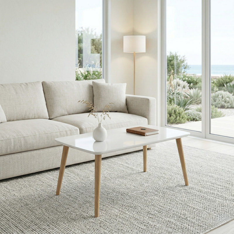 Table basse moderne moderne avec plateau blanc brillant et pieds en bois de charme