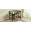 Lit mezzanine double en métal et en bois noir et brun, construit pour une utilisation prolongée, tablettes de bureau en L, espace sous l'espace, garde-corps, aucun sommier requis