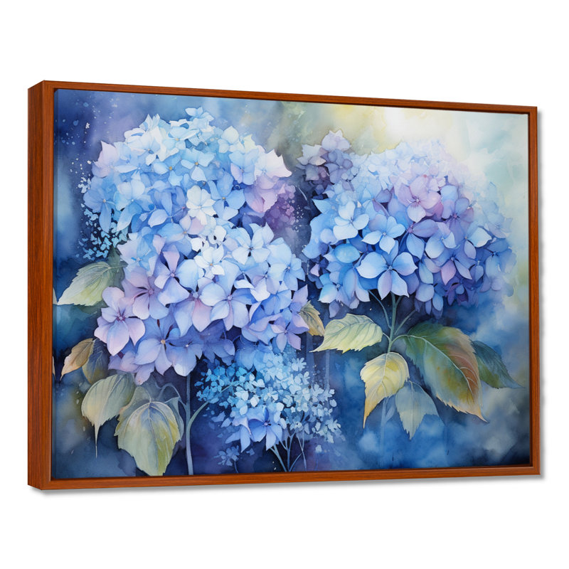 «Blue Hydrangea Farmhouse Still Life I - Hydrangea», art mural, H 16 po x l 32 po x P 1 po, Cadre flottant brun