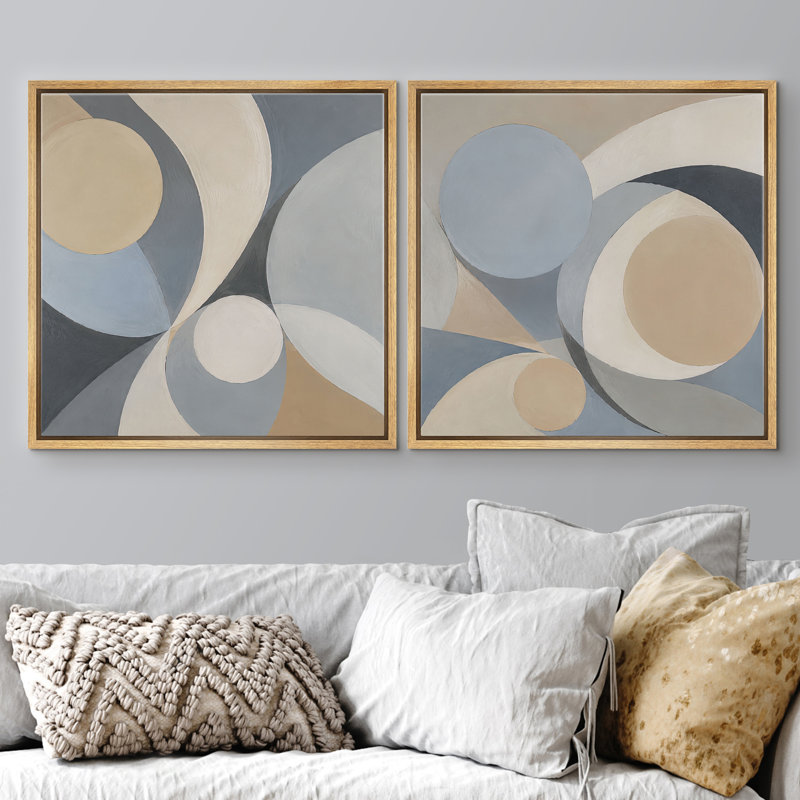 Bleu, gris et beige, cercle géométrique abstrait, décor moderne, toile encadrée, art mural, ensemble de 2 pièces