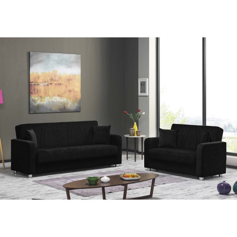 PrimeNest Gravita Collection Upholstered Convertible Loveseat with Storage, Black