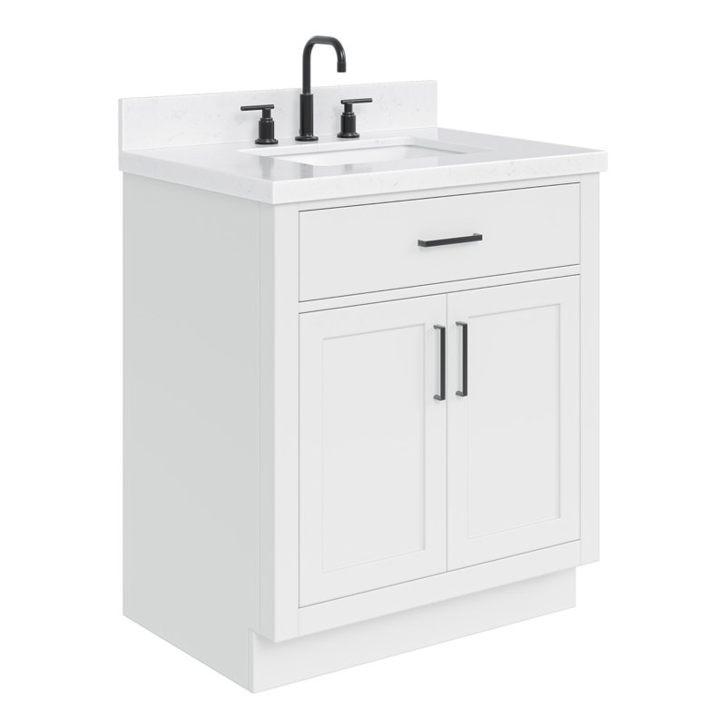 Meuble-lavabo simple en bois massif 30 po avec plateau en quartz Carrara de 1,5 po Tidworth, Blanc / nickel brossé