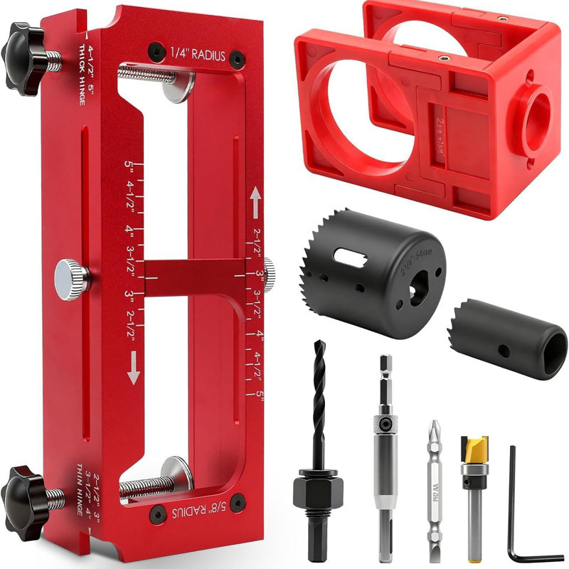 Door Hinge Jig & Door Lock Installation Kit, 6061 Aluminum Alloy Door Hinge Template Kit for Router, Adjustable Mortise Jig Fits 2.5" to 5" Hinges Length, 1/4" Radius, 5/8" Radius and Square Corners