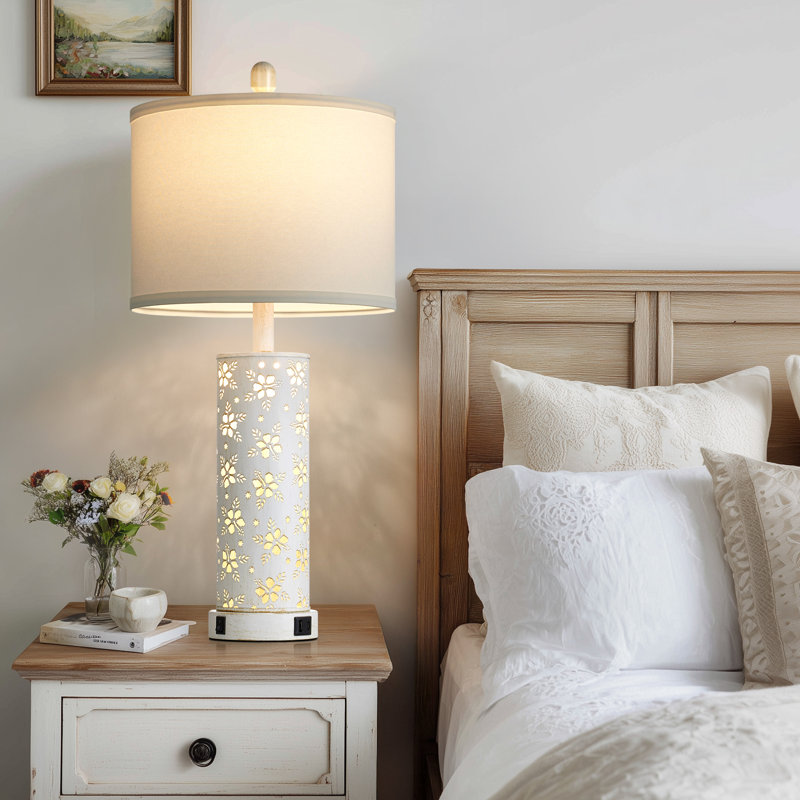 27" Leafglow Modern Farmhouse Table Lamp Set with Cutout Pattern, Dual USB Ports, Led Bulbs,  Flora Petal White