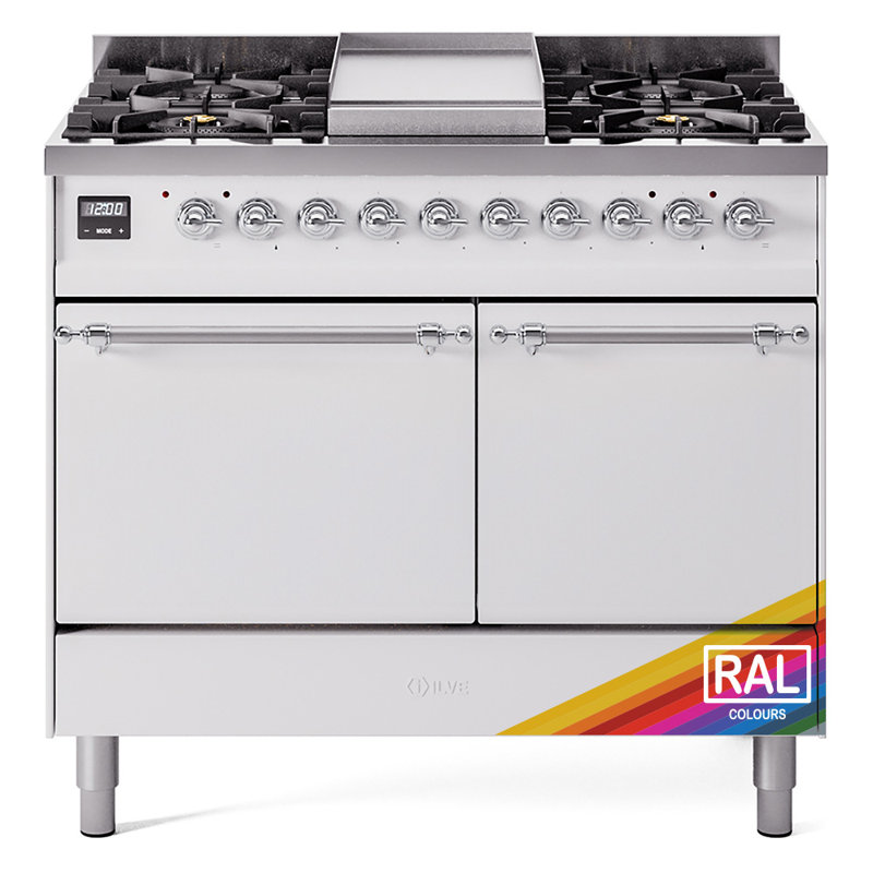 Cuisinière à double combustible de 40 po avec 6 brûleurs scellés et plaque chauffante ILVE Nostalgie II Series (porte pleine)