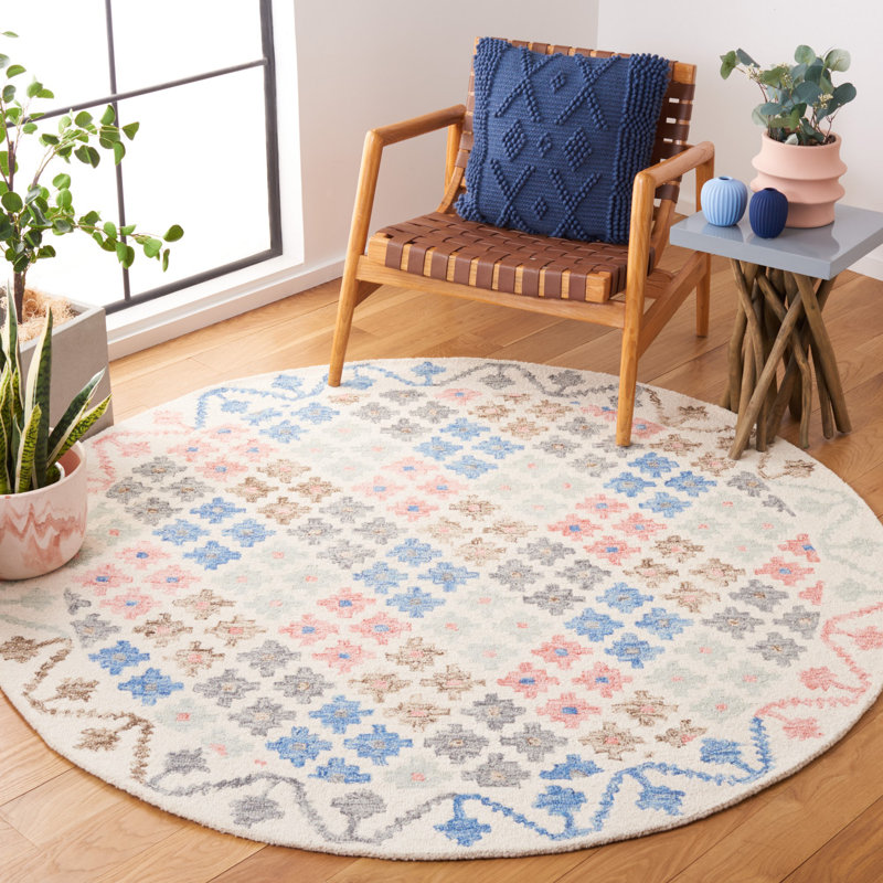 Lukats Hand Tufted Wool/Cotton/Latex Geometric Rug in Blue/Red, Round 6'