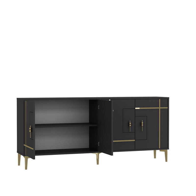 Buffet moderne 4 portes avec panneau géométrique doré / argenté, Or / anthracite