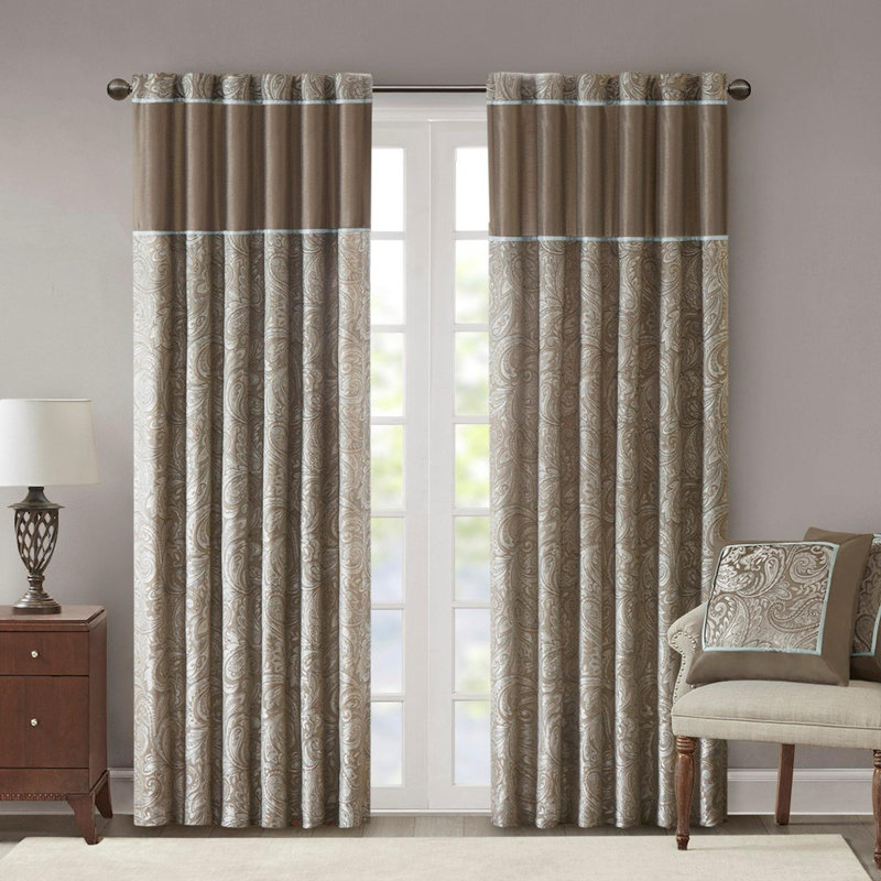 Paire de rideaux en jacquard (2 panneaux de fenêtre), Bleu / brun, L 50 po x L 84 po