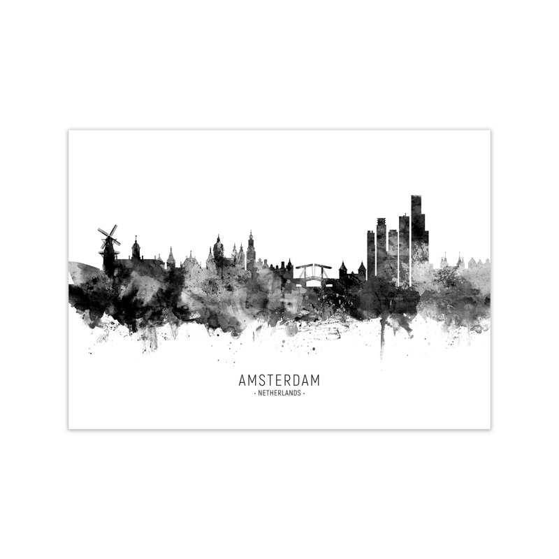 Amsterdam Netherlands Skyline Black White City Name by Michael Tompsett - Print, 21cm H x 30cm W x 1cm D, Unframed