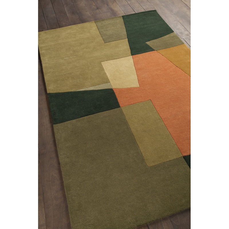 Bense Garza Hand Tufted Wool Abstract Area Rug in Green/Orange, Round 7'9"
