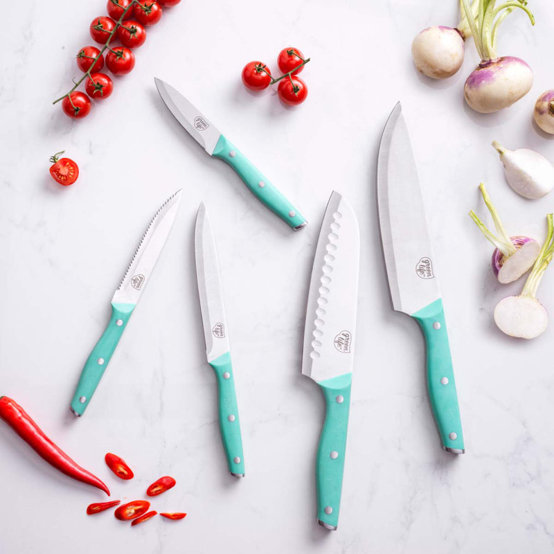 GreenLife High Carbon Stainless Steel 5 Piece Knife Set With Covers, Comfort Grip Handles