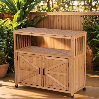 Multi - Purpose Patio Console Table With Storage Compartment, Slatted Design For An Elegant Appeal, Naturally Fir, 37.98 Lb Product Weight Outdoor And Indoor Sideboard Large Capacity, Style, Fir Wood,