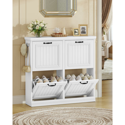 Range-chaussures avec 4 tiroirs rabattables, range-chaussures autoportant en bois avec tablettes réglables, range-chaussures étroit et dissimulé pour le vestibule, blanc, P 10,2 po x l 40,9 po x H 36,4 po