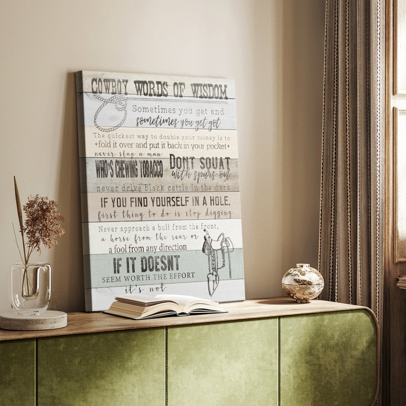 Cowboy, mots de sagesse - galerie Cavas sur mesure, H 18 po x l 12 po