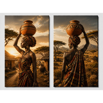 Très grand ensemble de 2 impressions d'art sur toile, village africain, village, safari, neutre, impression sur toile, 24 x 36 pouces - prêt à être accroché