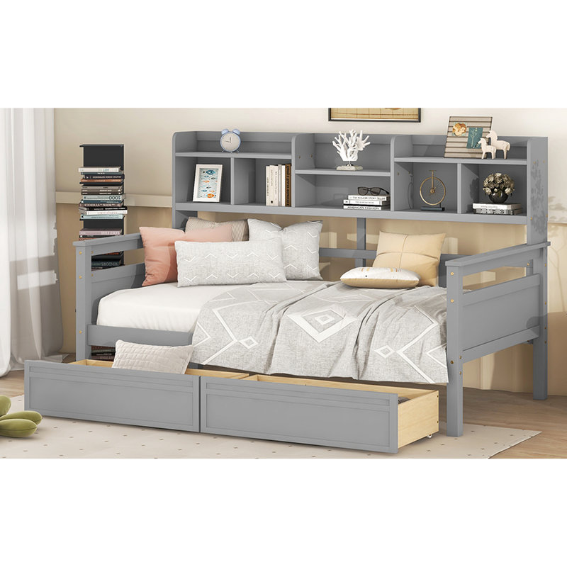 Gray Twin Daybed With Wood Slat Construction - Extra Storage, Functional Bedroom Addition Robust Support Additional Multi-Purpose Decor