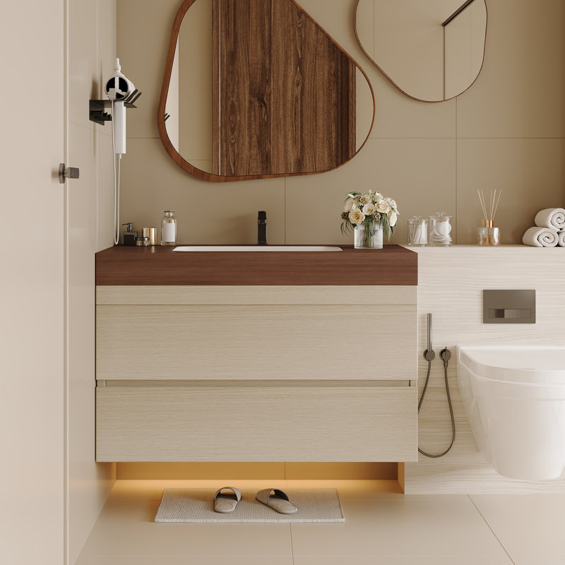 Bathroom Vanity with Top, Wood, Walnut