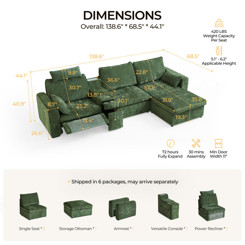 4-seater Chenille Oversized Power Recliner Sofa With Headrest, Modular Cloud Sectional Couch With Convertible Table, Charging, Drawer, Cup Holder, With Storage Ottoman