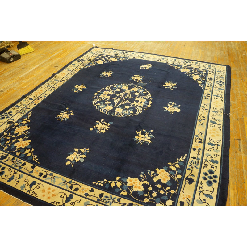 Wool Rectangle Blue Hand Knotted Pile 1920s Antique Chinese Rug