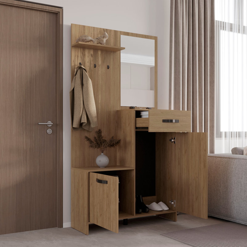Arbre d'entrée avec 2 portes, 1 tiroir, 1 tablette et 1 miroir pour les vestibules organisés, Bois naturel