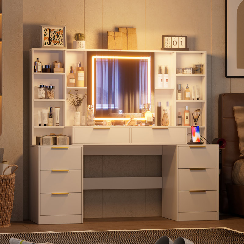 Large Makeup Vanity Desk With Lighted Mirror & Power Outlet,vanity Desk Dresser Table With 3 Lighting Modes Brightness Adjustable,drawers,shelves,hair Dryer Stand For Bedroom