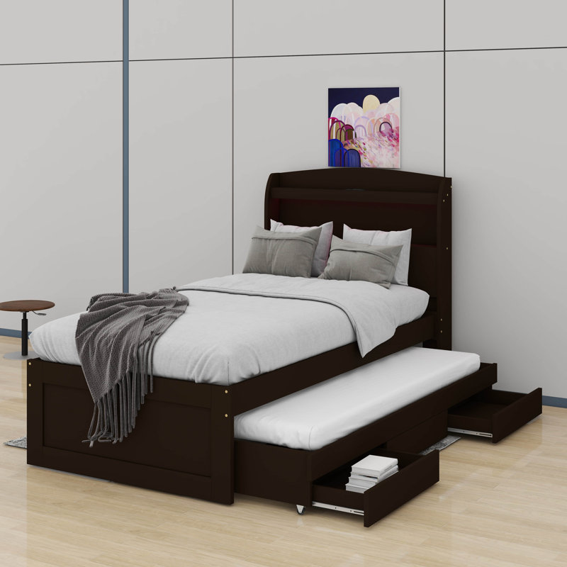 Twin XL Size Platform Bed With Storage LED Headboard, Charging Station, Trundle And Drawers, Dark Brown