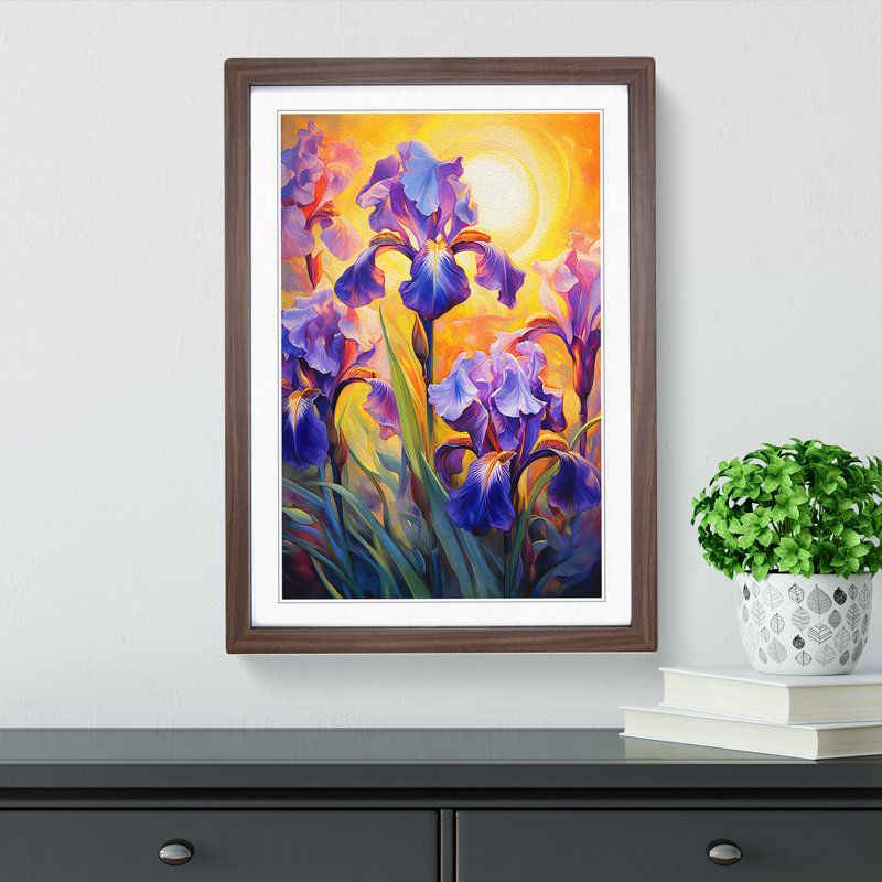 Iris Flower Impressionism No.3 - Single Picture Frame Print on Wood, 34cm H x 25cm W x 2cm D, Walnut