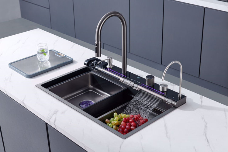 closeup of a double basin drop-in kitchen sink with red and green grapes in the right basin