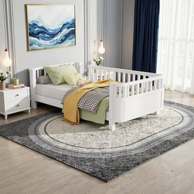 Adorable lit plateforme simple en bois pour enfants - Design sécuritaire à profil bas avec garde-corps, blanc, White