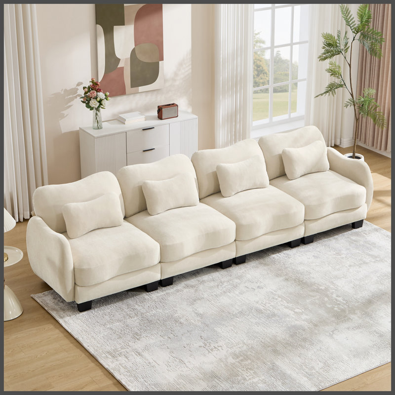 Canapé surdimensionné 4 places en chenille avec soutien lombaire, 4 coussins lombaires raffinés, design ergonomique incurvé, canapé modulaire facile à monter pour salon ou bureau, vert