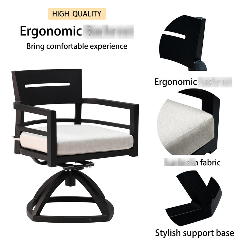 Fauteuil à bascule pivotant extérieur Ember Black (lot de 2). Structure légère en aluminium, dossier ergonomique, coussins en tissu.